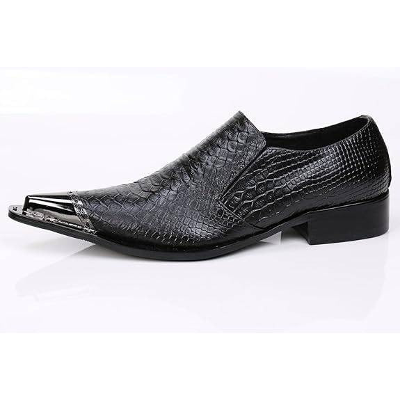 Santimon Men's US 12.5 Black Leather Metal Tip Pointed Toe Slip On Loafers Shoes