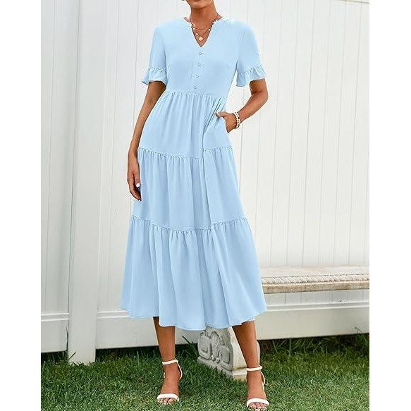 MSRP $26 BTFBM Women's XL Sky Blue Summer Dresses V Neck Loose Short Sleeve