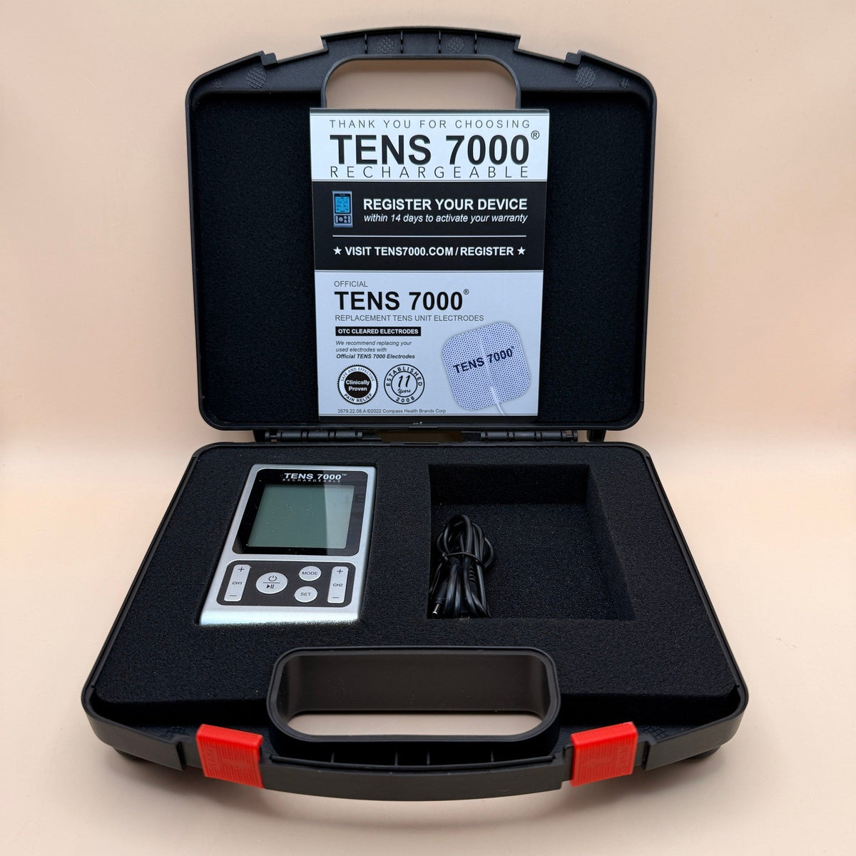 TENS 7000 Rechargeable Unit w/ Case & Charging Cable - MISSING WIRES & PADS