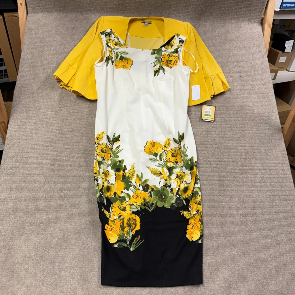MSRP $94 Maya Brooke Women's 8 Lite Yellow White Crepe Floral Jacket Dress