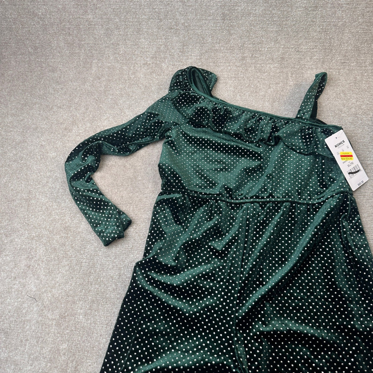 MSRP $60 Kohl's Eyeshadow Girls XL (16) Green Silver Glitter Dot Velvet Jumpsuit