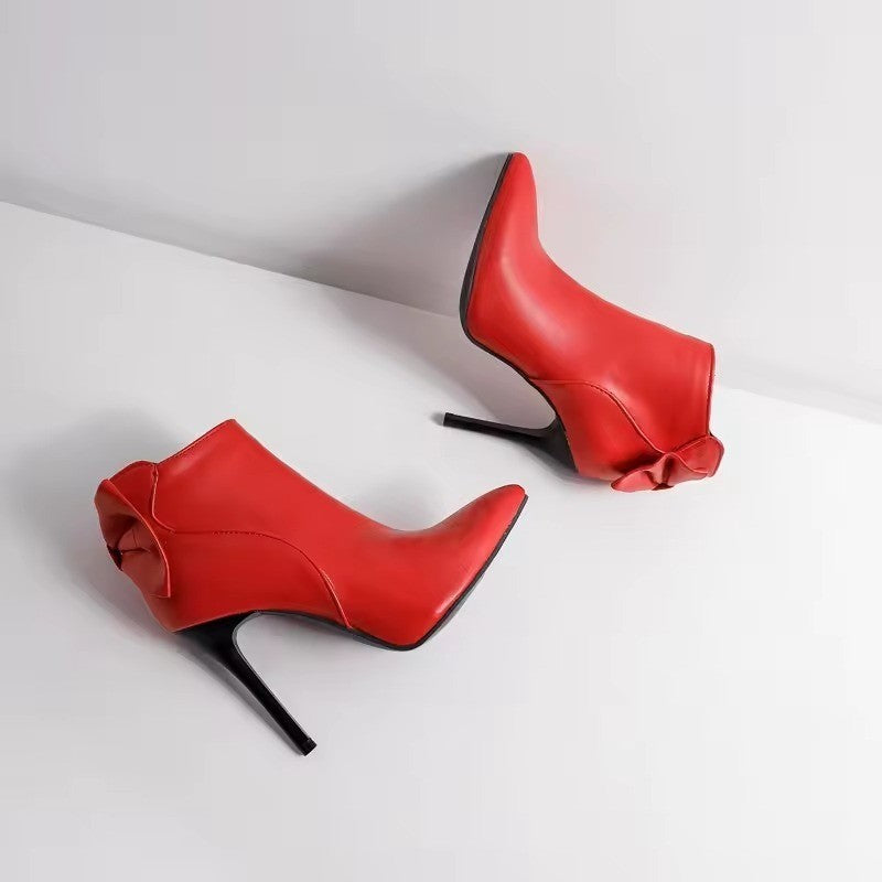 Women's US 10 Red Pointed Toe Zip Ankle Stiletto High Heel Boots with Bow