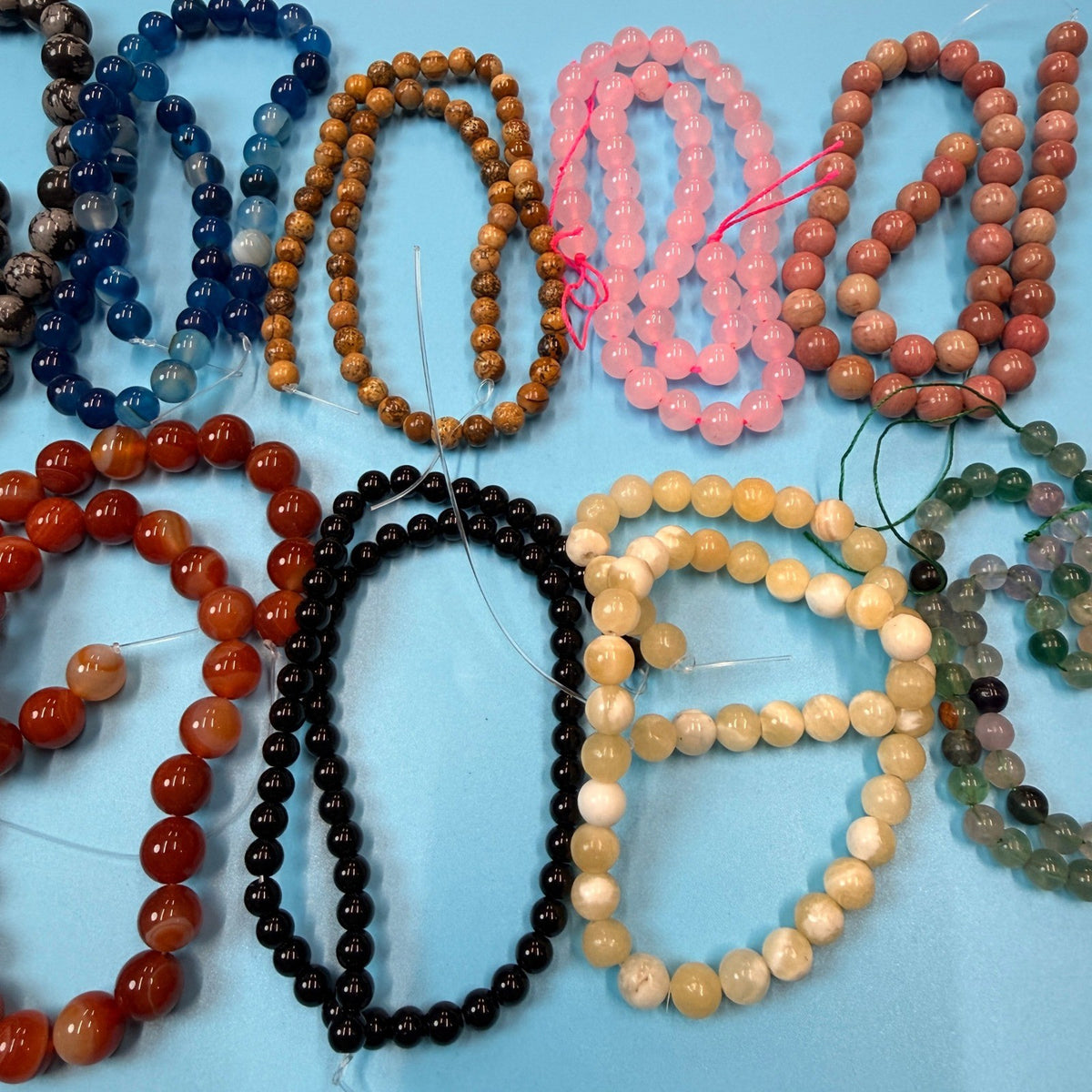 Set of 10 Natural Gemstone Round Beads Strands 15" Sizes 6,8,10 mm 14oz №B10