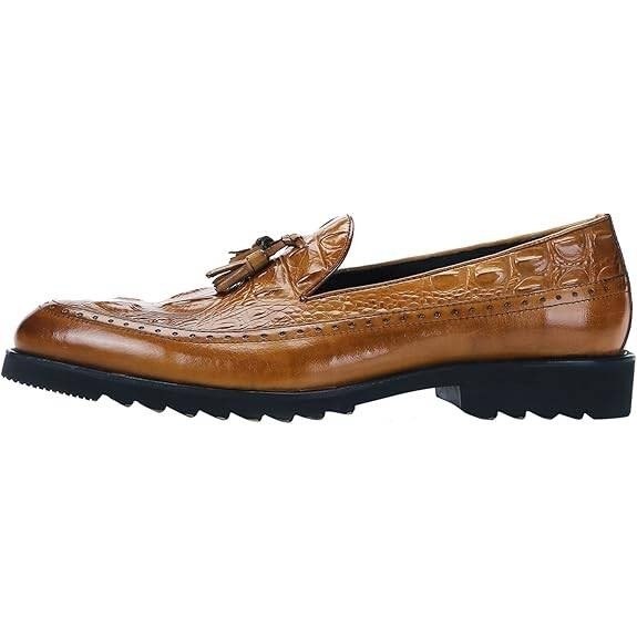 Santimon Men's US 9 Brown Leather Alligator Print Tassel Loafer Slip On Shoes