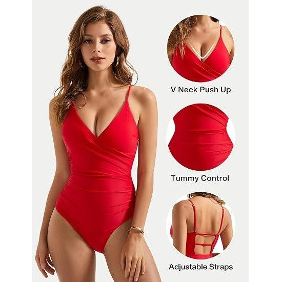MSRP $43 SUUKSESS Womens XL Red Sexy Wrap Push Up One Piece Swimsuit Tu