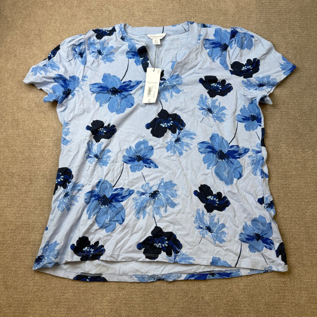 MSRP $38 Liz Claiborne Womens XL Tall Blue Floral Split Crew Neck T-Shirt Shor