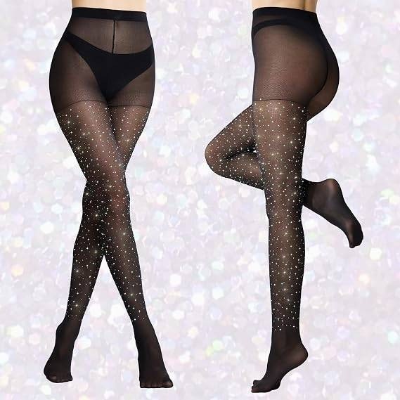 Set of 2 MANZI L-XL Black Rhinestone Sheer Tights Sparkle Shimmer Pantyhose