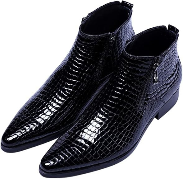 Santimon Men's US 7 - 11 Black Alligator Patent Leather Zipper Ankle Boots