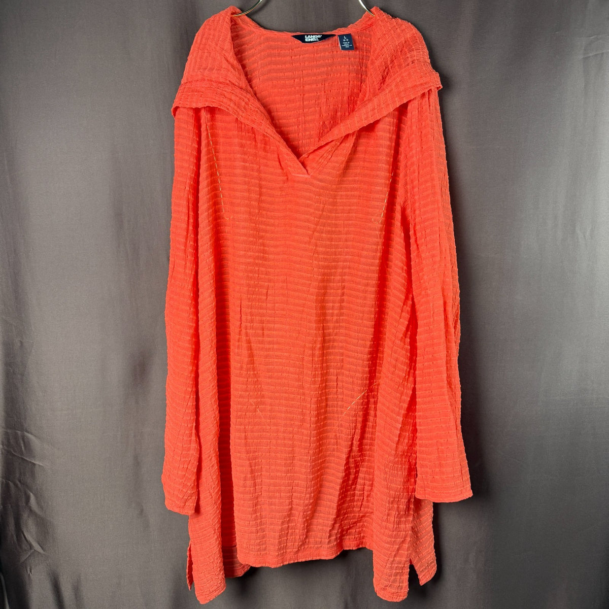 Lands' End Women's 1X LONG Rayon Rib Long Sleeve Hooded Mini Cover-up Dress Cora