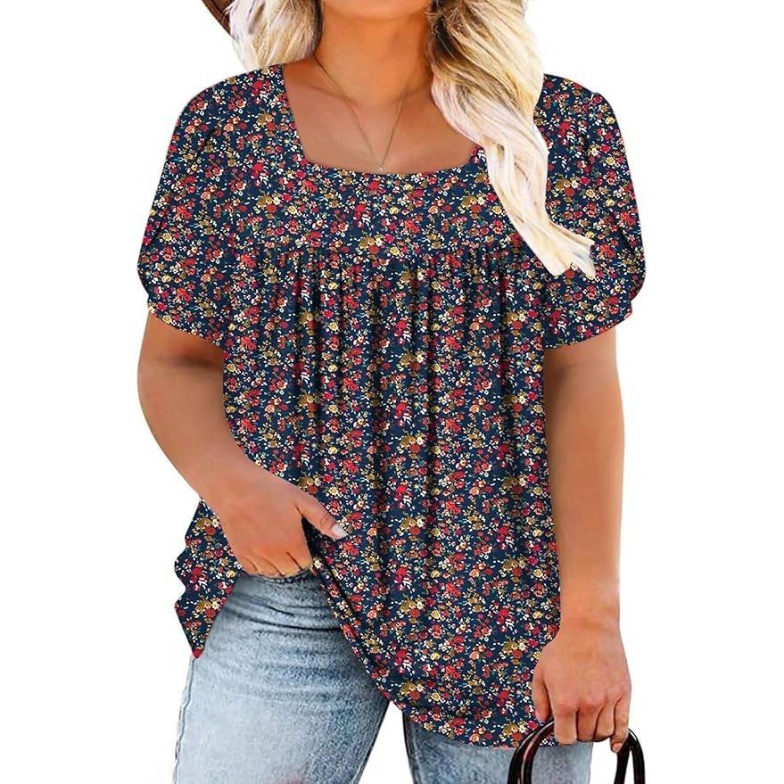 VISLILY Women's 4XL Petal Short Sleeve T-Shirt Square Neck Top Blouse Flowy Pl
