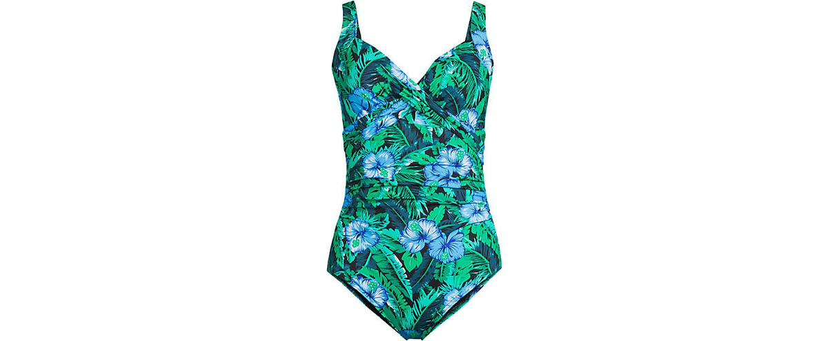 Land’s End Women's XS-L, XS-L LONG SlenderSuit Wrap One-Piece Swimsuit Black/Tur