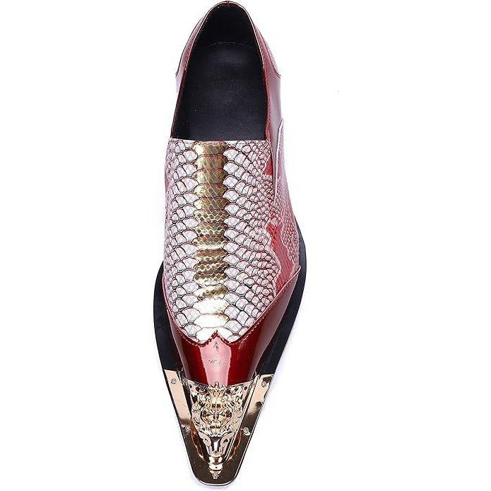 Santimon Mens US 10 Red Genuine Leather Dress Loafers Metallic Cap Slip On Shoes