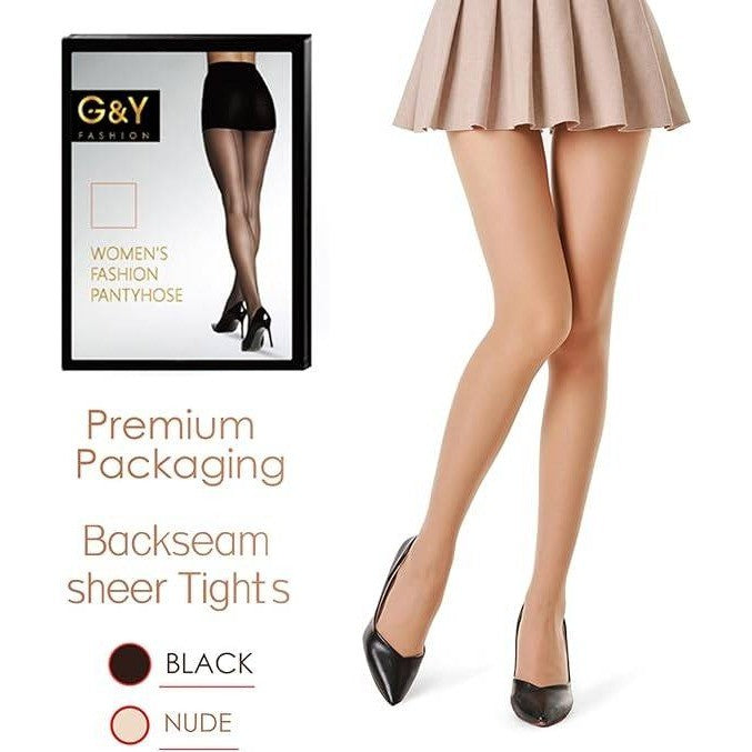 Set of 2 G&Y Women's M Black, Nude Backseam Sheer Tights - 20D Control Top Pant