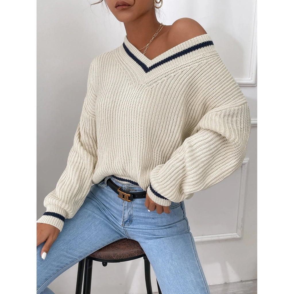 NWT Shein Frenchy Women's S Beige Striped Trim Drop Shoulder Cricket V Neck