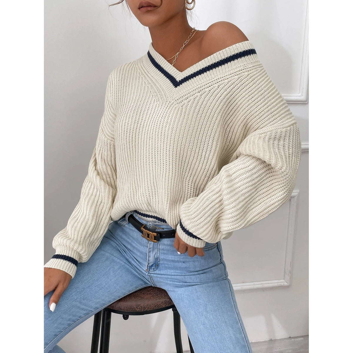 NWT Shein Frenchy Women's S Beige Striped Trim Drop Shoulder Cricket V Neck