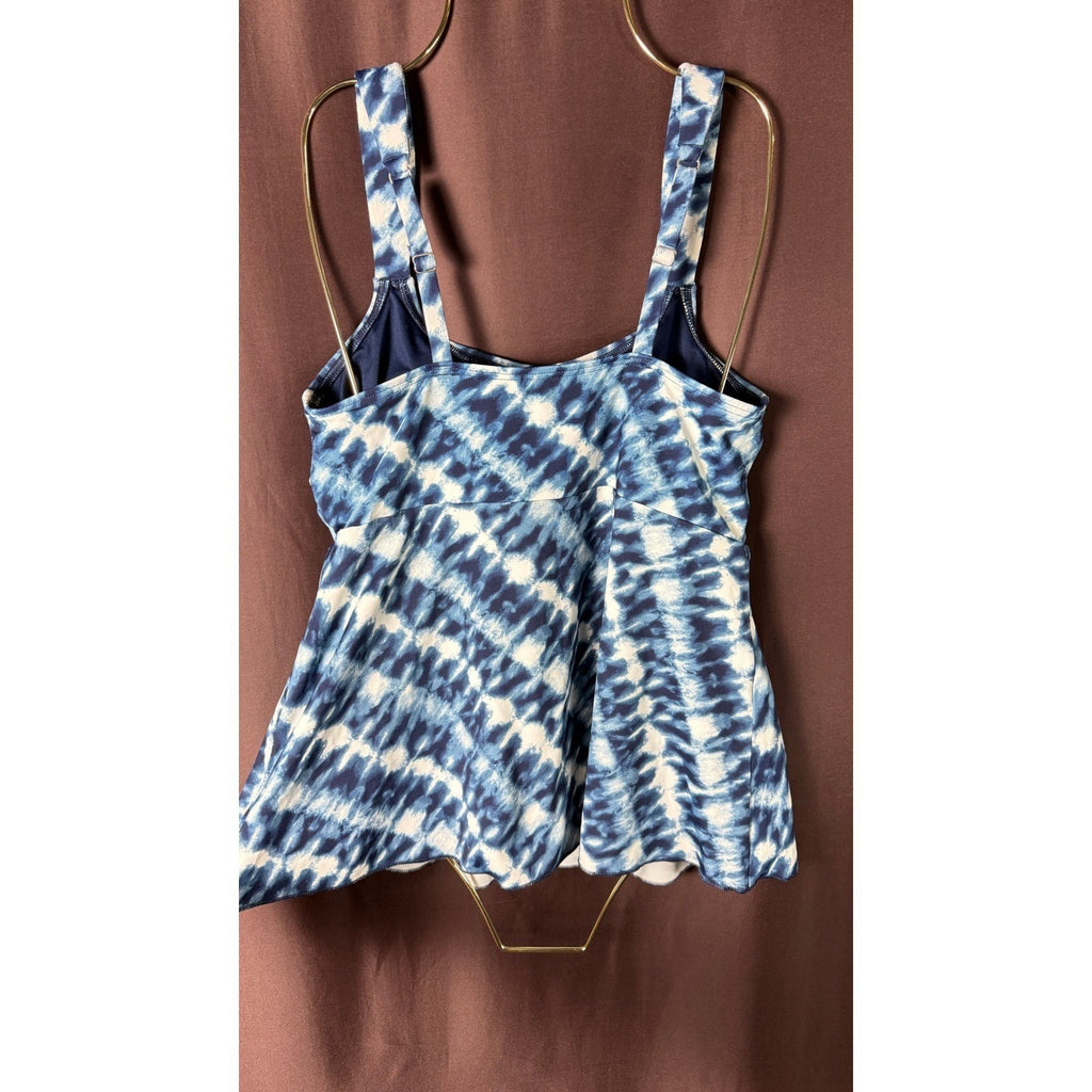 Lands' End Women's S Flutter Scoop Neck Tankini Top Navy/White Bias Tie Dye