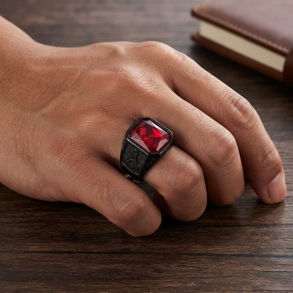 Mens Red CZ Stone Masonic Ring Black Stainless Steel Freemason Jewelry Size 8-12