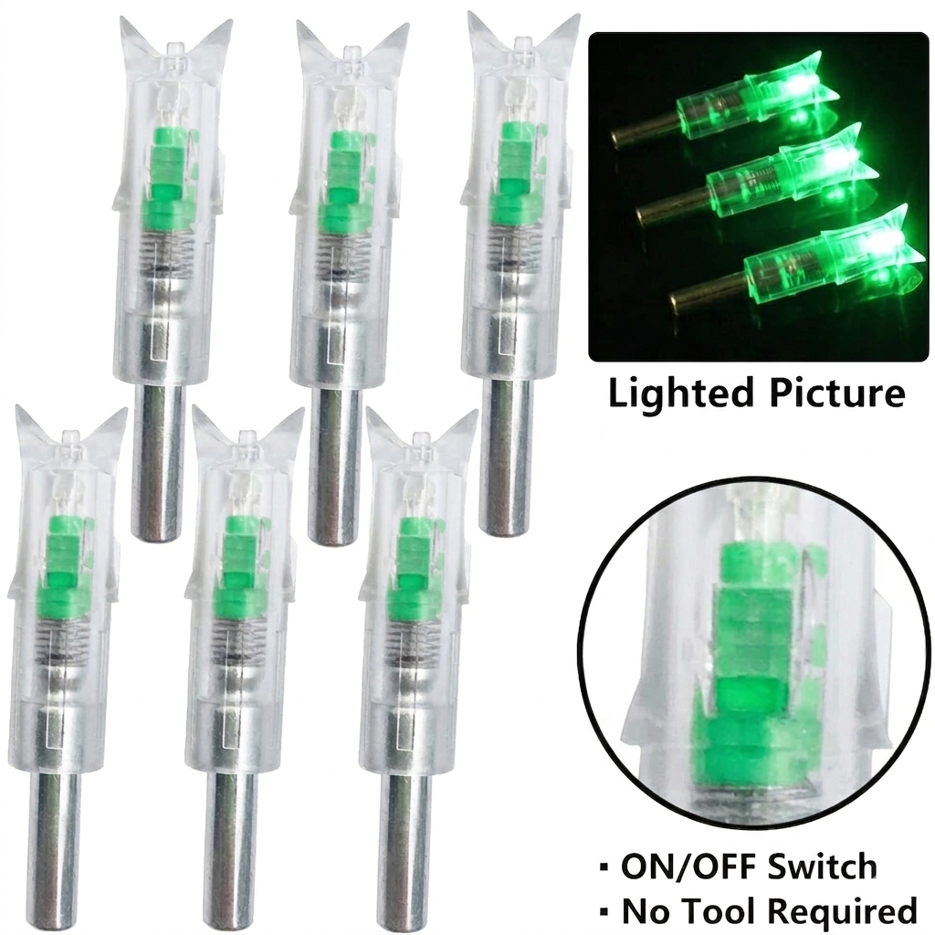 Pack of 6 LED Lighted Nocks for Crossbow Bolts 0.300"/ 7.62mm On/Off Switch