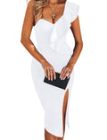 Uonbox Women's S, L White One Shoulder Sleeveless Side Split Bandage Dress