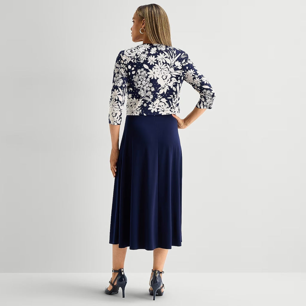 MSRP $130 Jessica Howard Womens 18 Navy Multi Midi Floral Jacket Dress