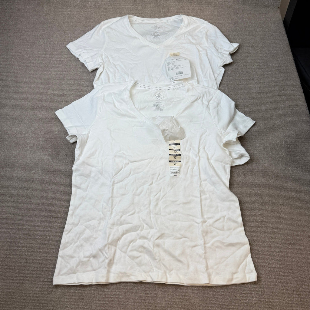 Set of 2 NWT St. John's Bay Womens L Petite White V Neck T-Shirt Short Sleeve