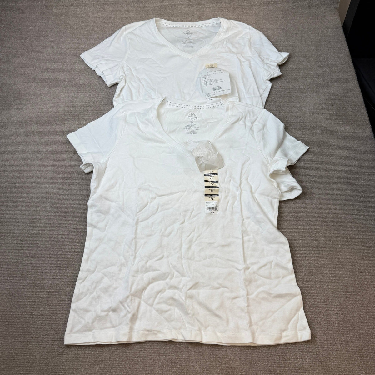 Set of 2 NWT St. John's Bay Womens L Petite White V Neck T-Shirt Short Sleeve