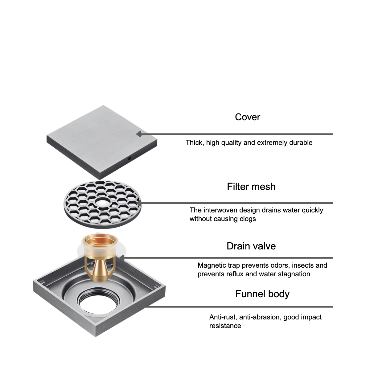 4"x4" Cast Bronze Tile Insert Magnetic Floor Shower Drain Square Floor Waste Gra