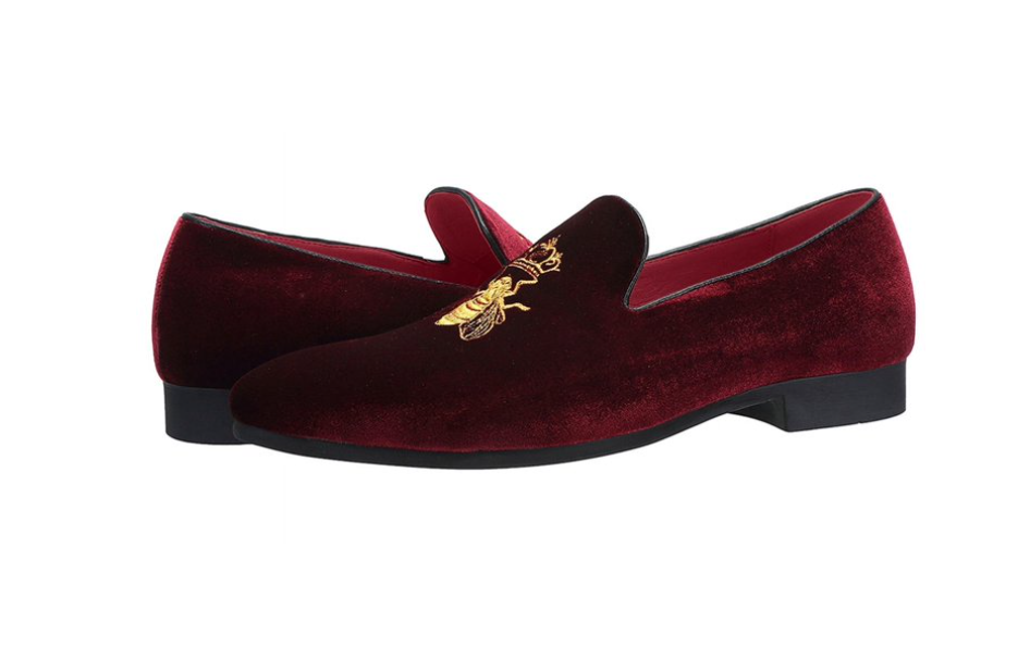 Santimon Men's US 6.5, 7.5 Red Velvet Loafers Gold Tone Embroidery Casual Shoes