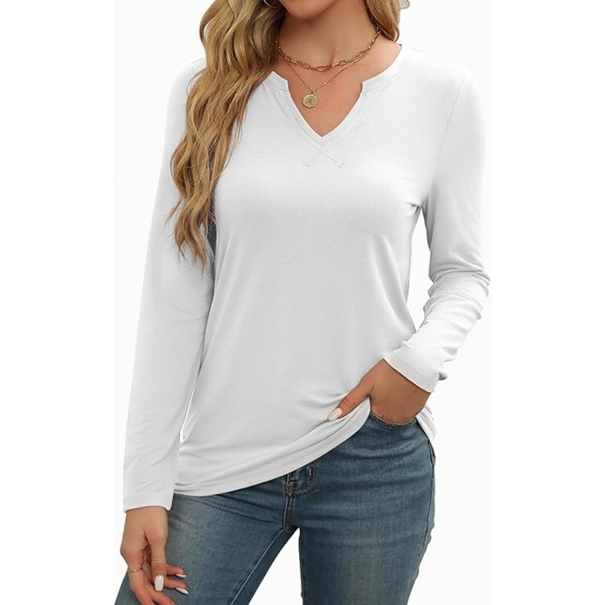 NWT WEACZZY Women's M White Long Sleeve Loose Fit Tops Dressy Casual V Neck