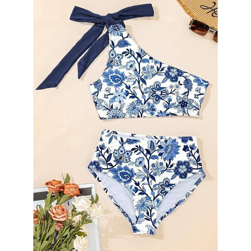 MSRP $35 Herseas Women's M One Bow Shoulder Bikini Set 2 Piece Ruched Swimsuit