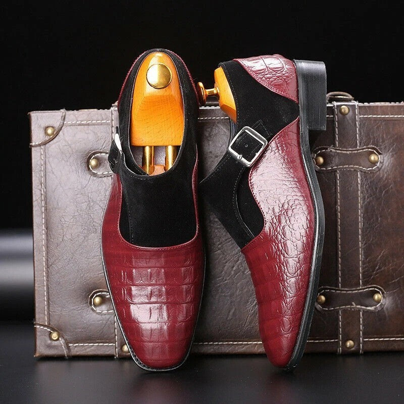 Men's US 8.5 Red Pattern Leather Patchwork Monk Strap Loafers Fashion Classic P