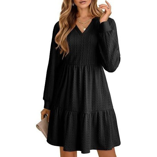 MSRP $40 Dokotoo Womens L Black Long Sleeve V Neck Textured Babydoll Fall Dress
