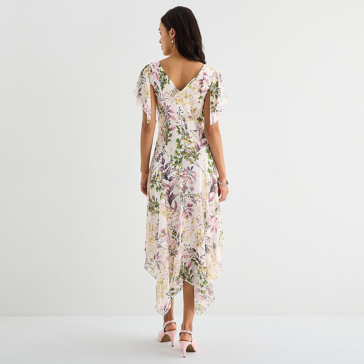 MSRP $79 Robbie Bee Womens 16 Ivory Multi Floral Midi Dress Draped Neck Short