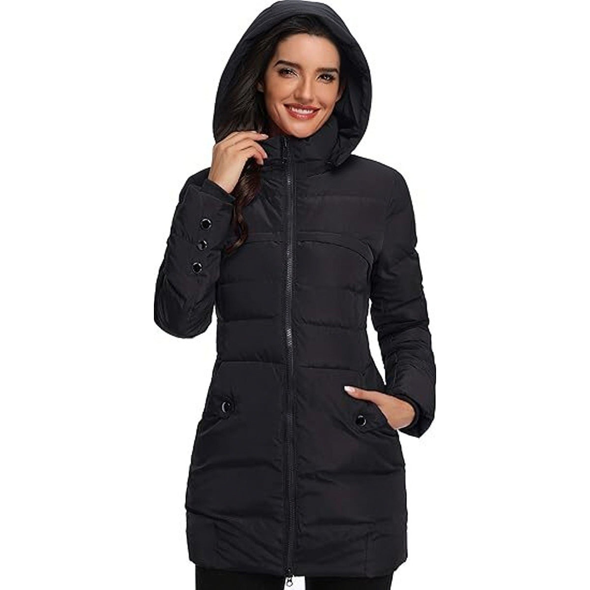 MSRP $125 Epsion Women's M Black Hooded Thickened Long Down Jacket Winter Dow
