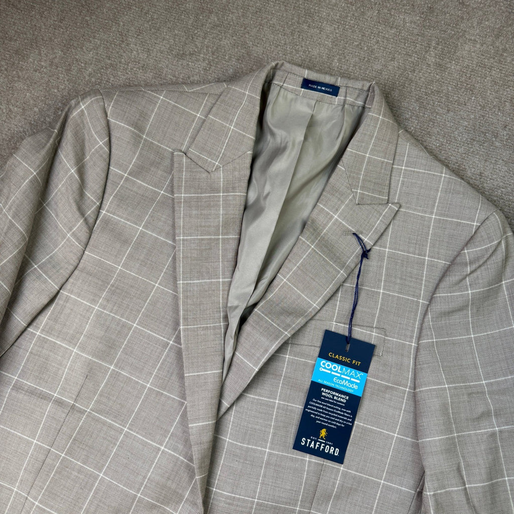 MSRP $260 Stafford Coolmax Mens 44 Tan Windowpane Classic Fit Suit Jacket All S