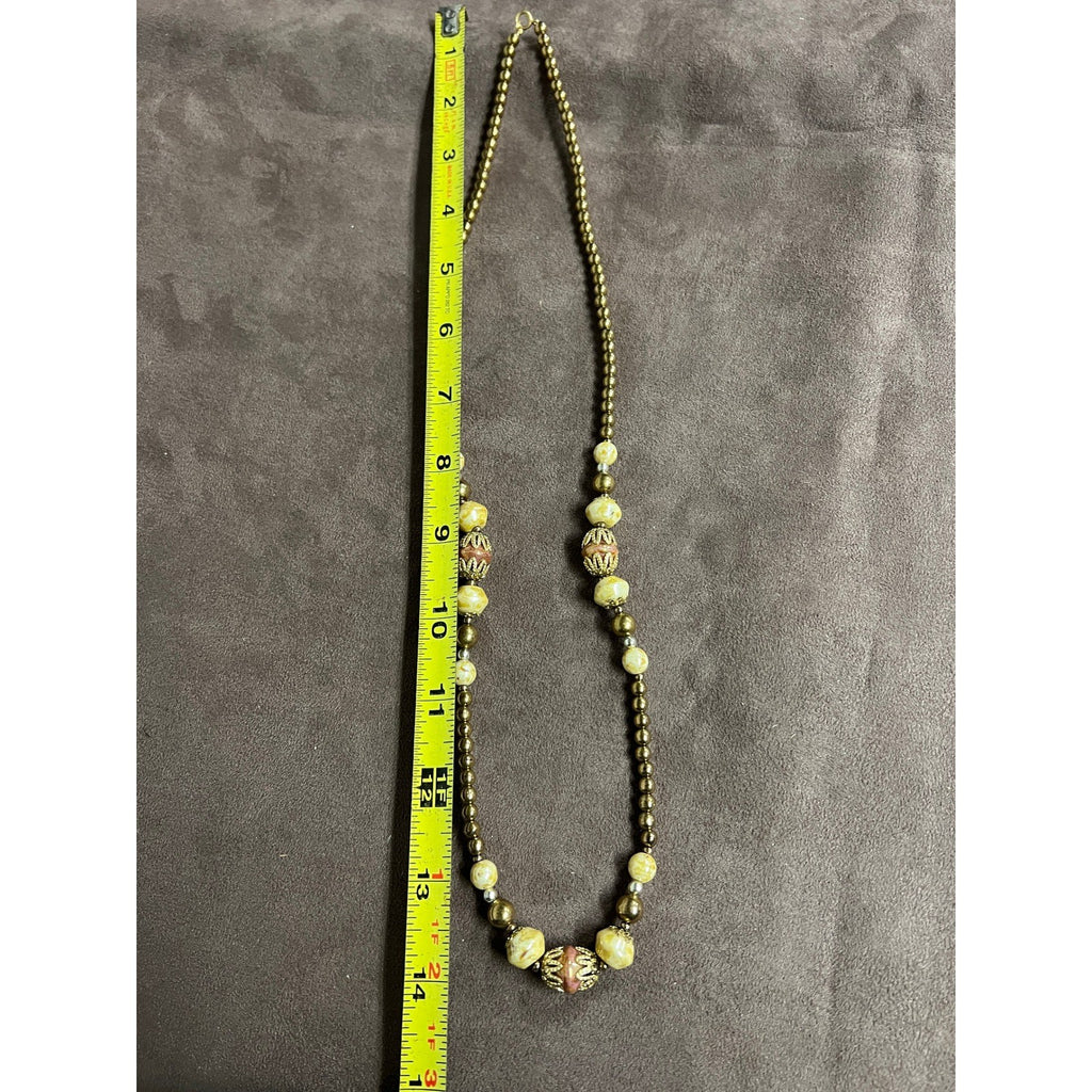 Vintage Czech Necklace Beige Yellow Marble Gold Glass Beads 14"