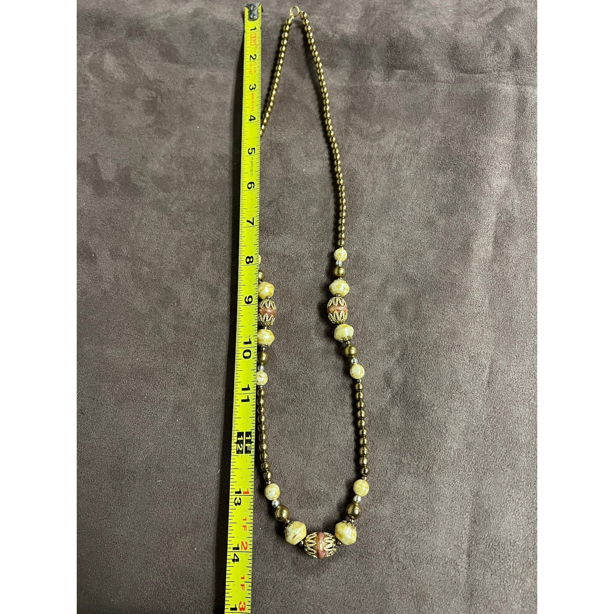 Vintage Czech Necklace Beige Yellow Marble Gold Glass Beads 14"