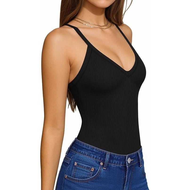 MSRP $20 MANGOPOP Women's M Black V-Neck Ribbed Tank Top Bodysuits Racerback