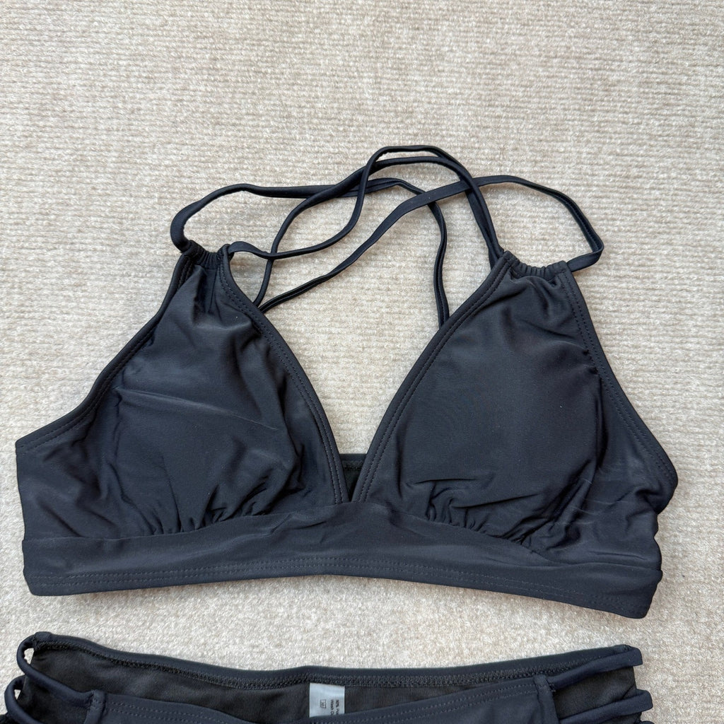 MSRP $37 Tainehs Women's S Black Push Up V Neck Bikini Set Criss Cross Back Two