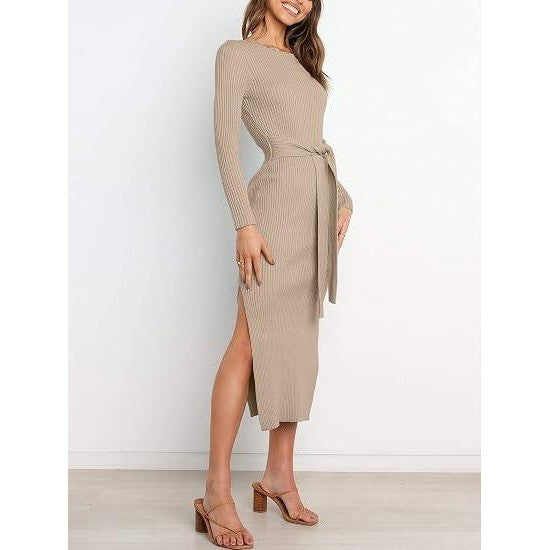 MSRP $59 ANRABESS Womens M Almond Long Sleeve Sweater Dress Crew Neck Slim