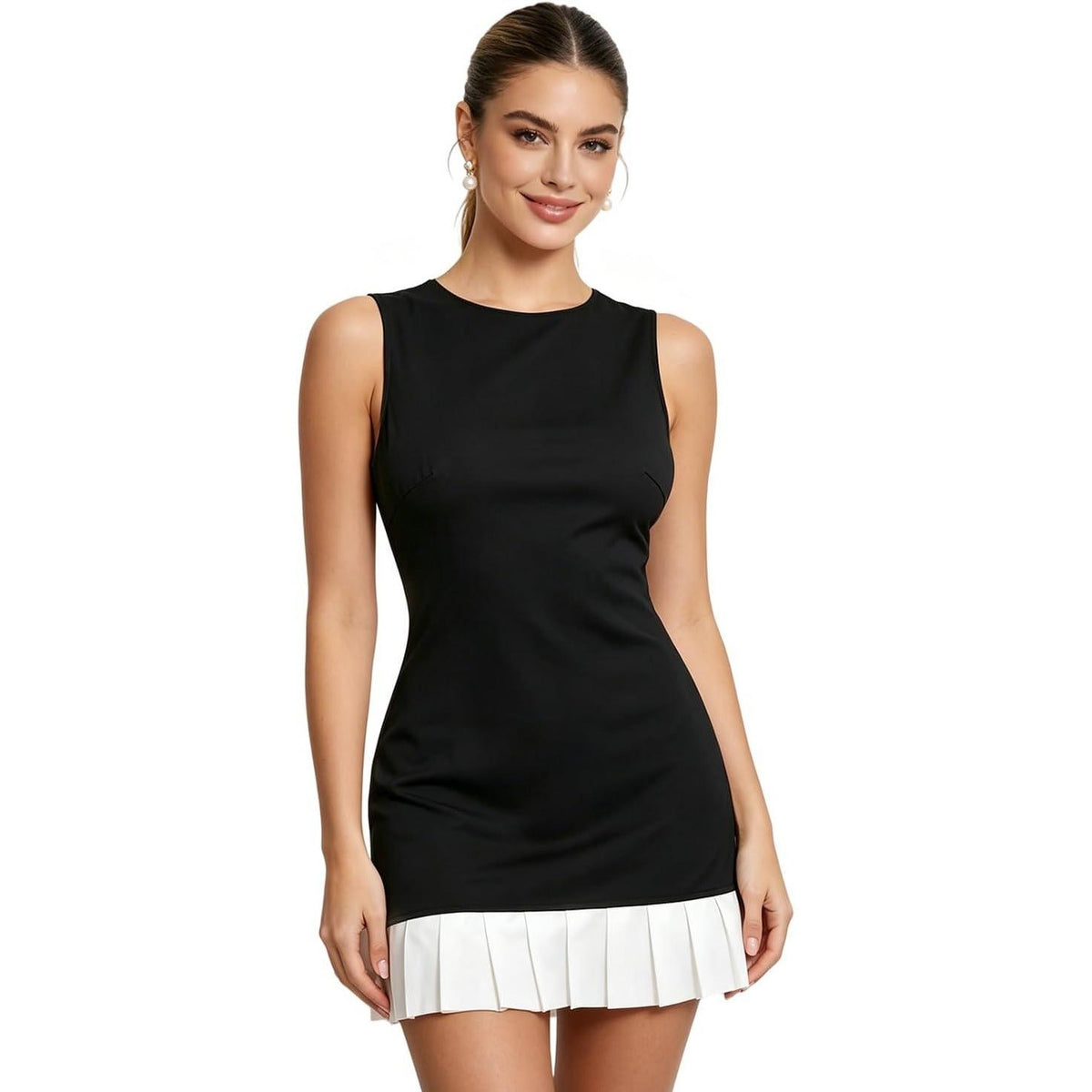 MSRP $38 Suillty Women's M Elegant Splicing Pleated Mini Dress Fashion Round