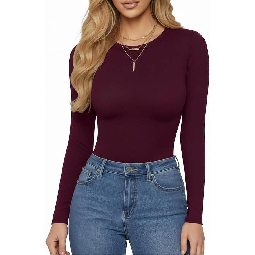 MSRP $26 MANGOPOP Women's S Burgundy Crew Neck Long Sleeve Bodysuit