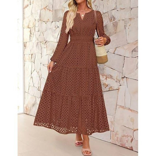 MSRP $78 ZESICA Women's L Brown Fall Long Sleeve Eyelet Maxi Dress V Neck Hollow
