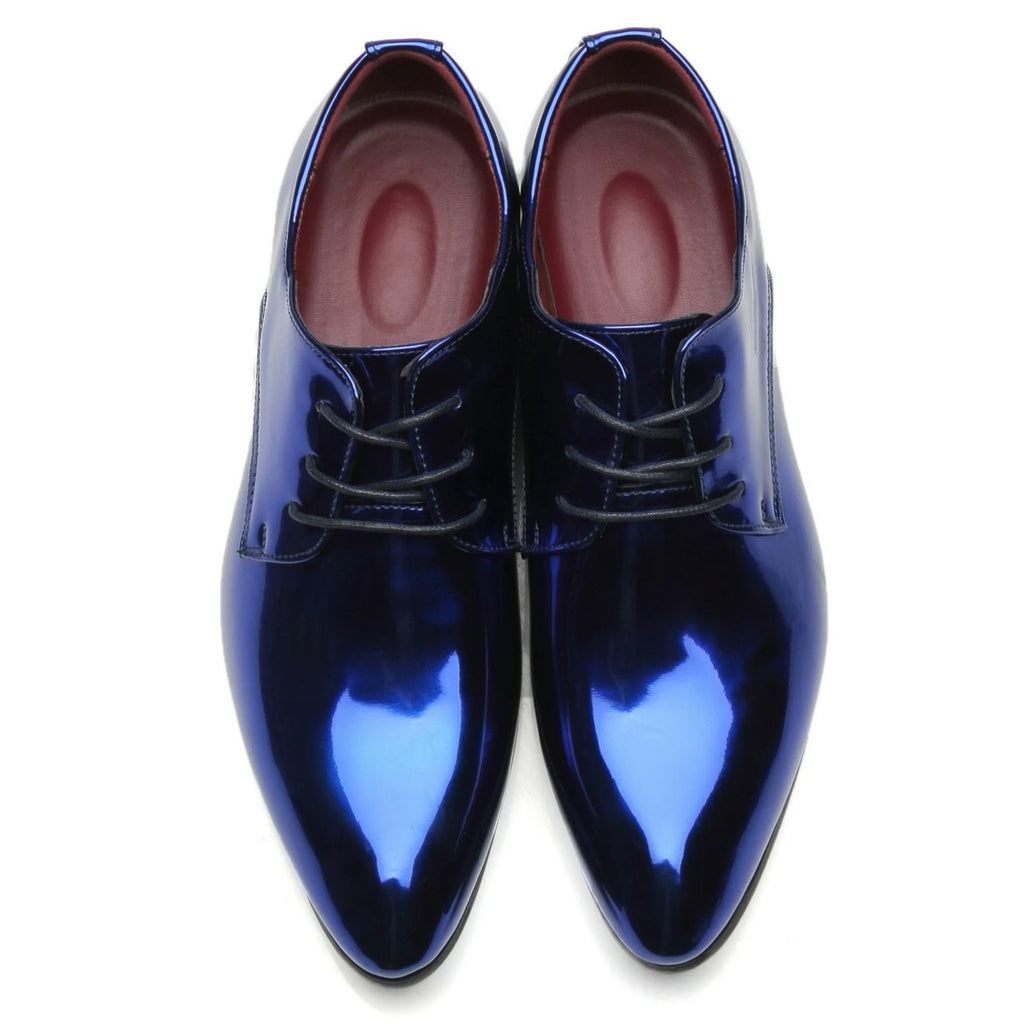 Santimon Men's US 7 - 11 Blue Patent Leather Shiny Derby Pointed Toe Shoes