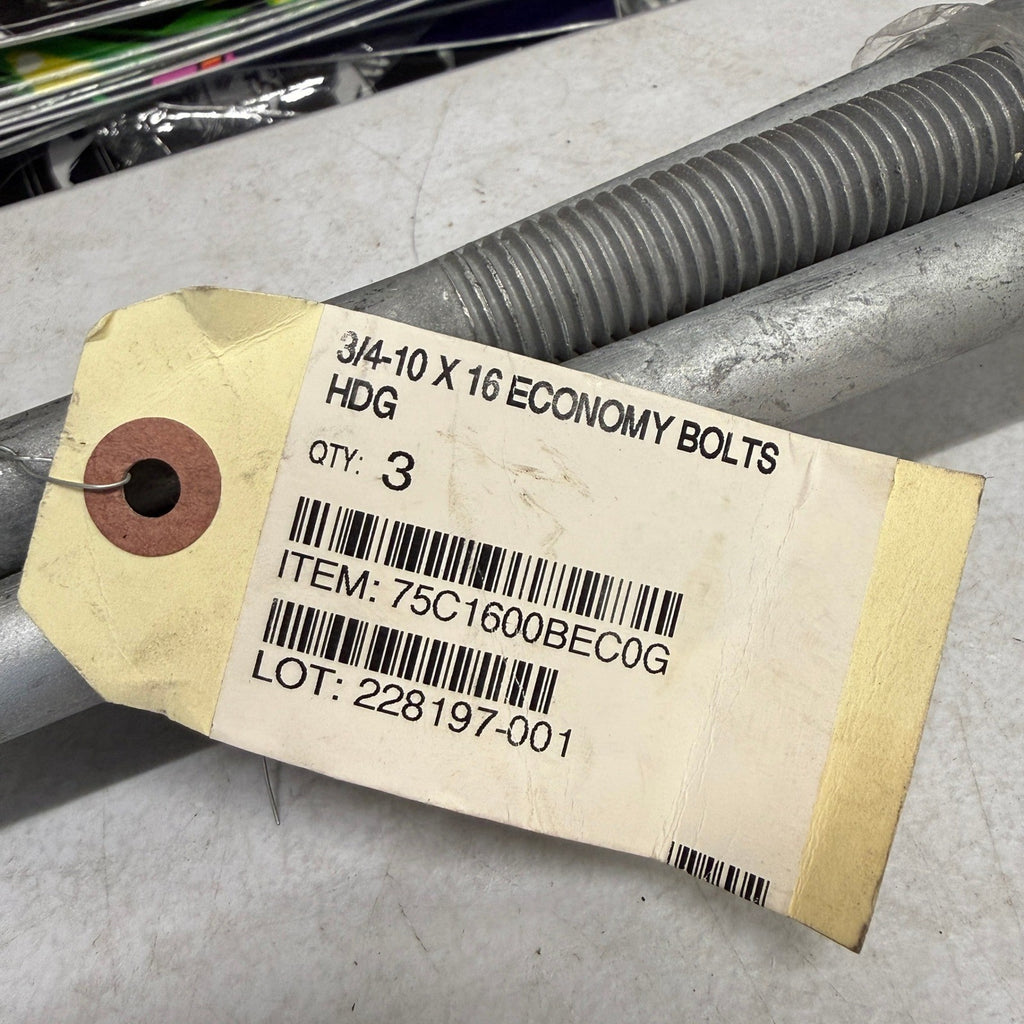 Set of 3 Economy Bolts 3/4-10 x 16 HDG Hot Dip Galvanized