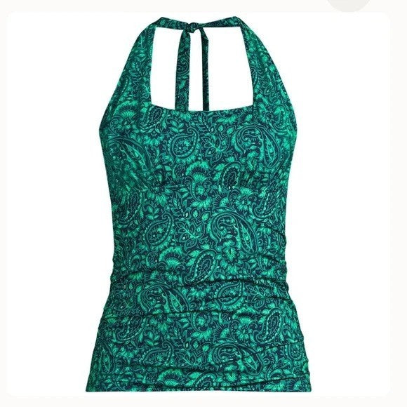 Lands' End Women's 4 Halter Tied Navy/Emerald Paisley Tankini Top