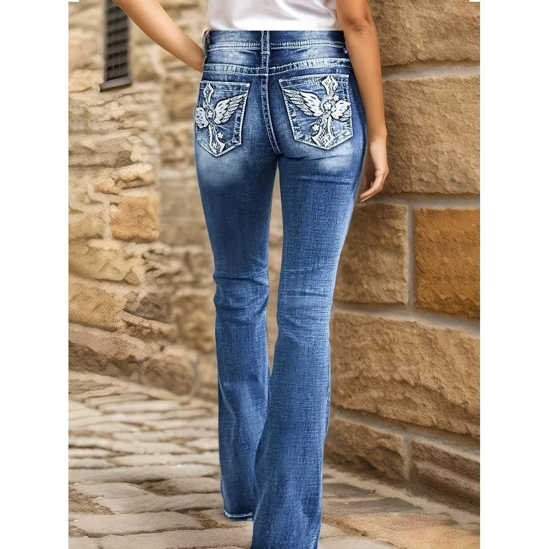 Women's L Blue Bootcut Flare Jeans High Waist Cross Wing Embroidered Back Pocke