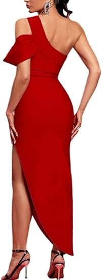 UONBOX Women’s XS-XL Red One Shoulder Side Split Bodycon Midi Bandage Dress