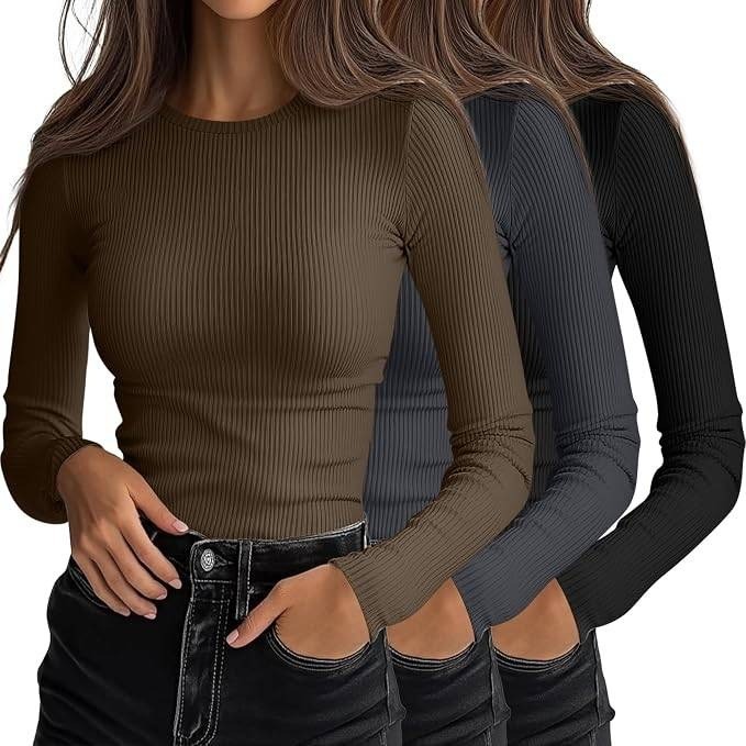 MSRP $51 Ficerd 3 Pack Women's M Ribbed Crew Neck Long Sleeve Shirts Slim Fitte
