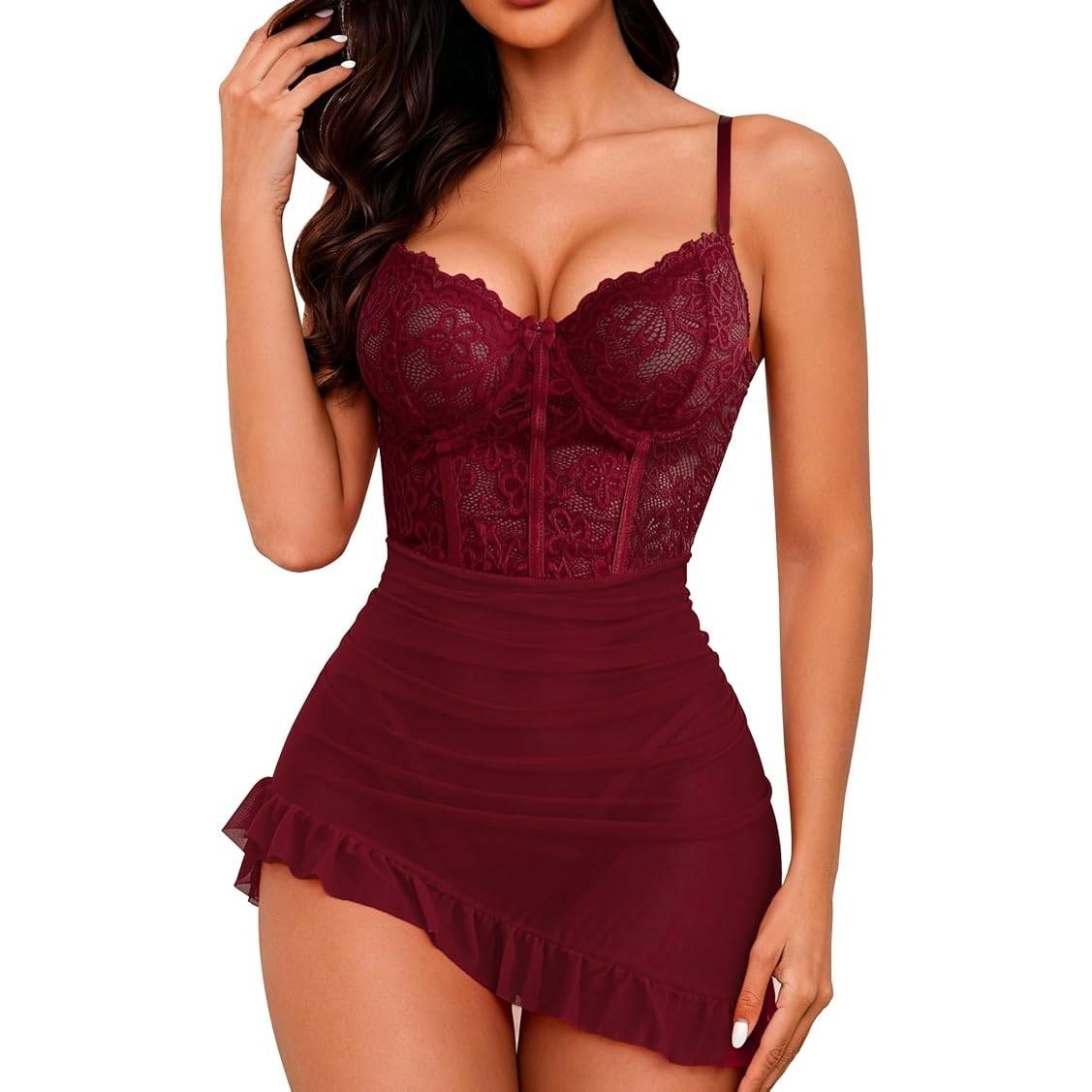 MSRP $22 Foxiny 2 Piece Women's XL Lingerie Set Bodycon Dress with Thong Ruff